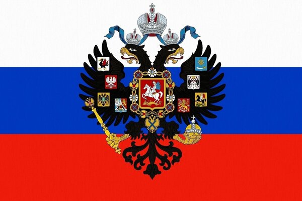 Coat of arms of Russia on the background of the flag of Russia