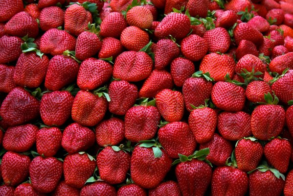 Red strawberries with green leaves