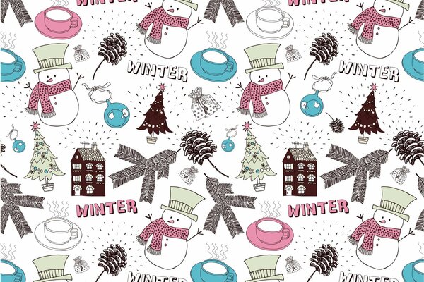 Nouvel an avec bonhomme de neige, arbre de Noël, tasse de café et pomme de pin