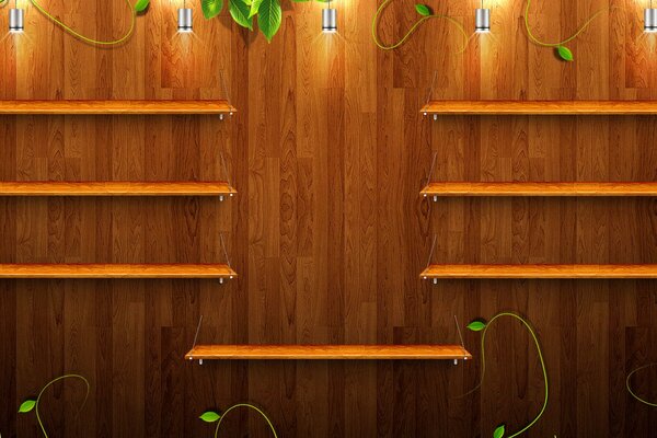 Shelves made of wood on a wooden wall with green sprouts