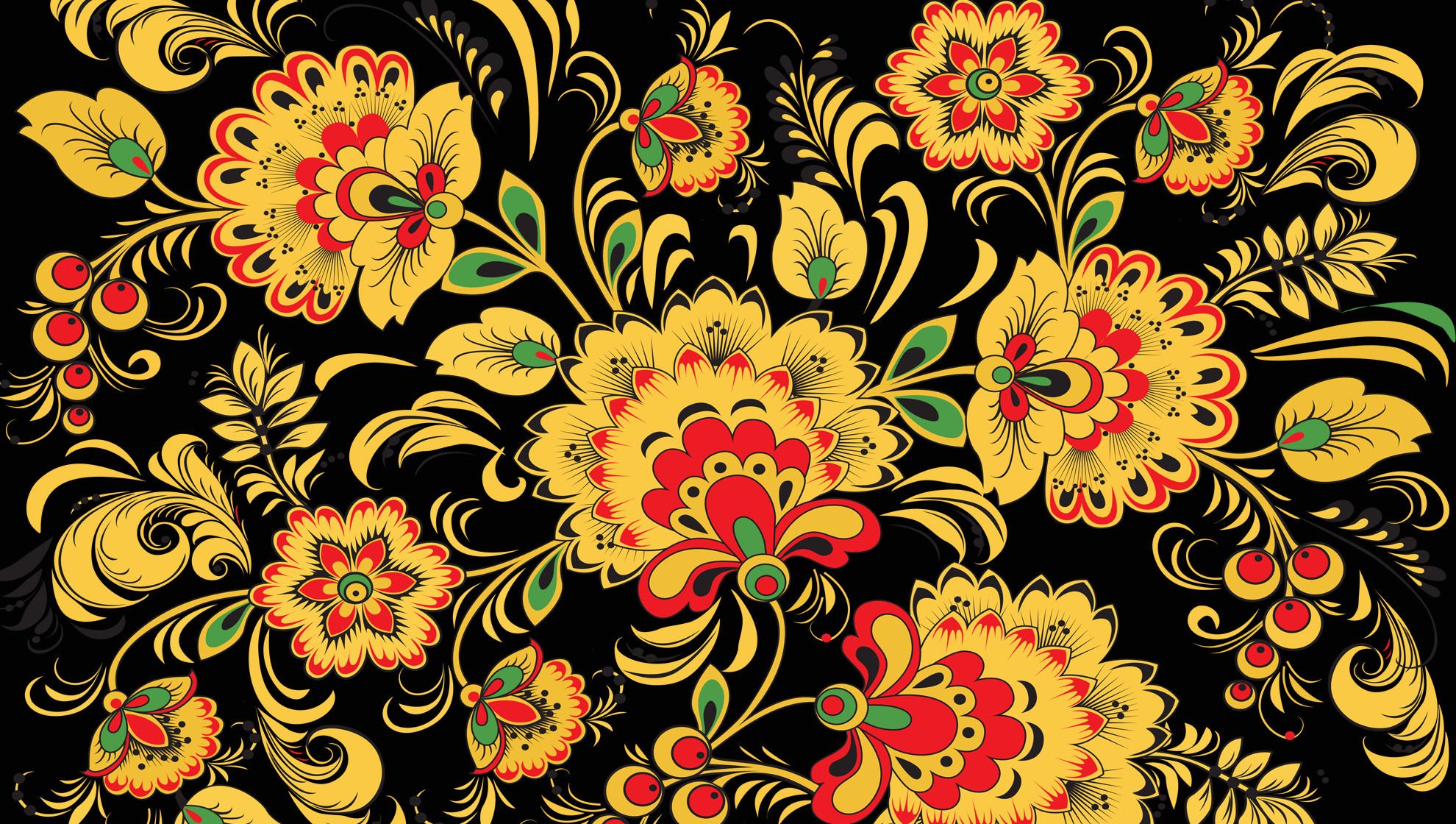 khokhloma modello modelli fiori giallo foglie sfondo bacche russia