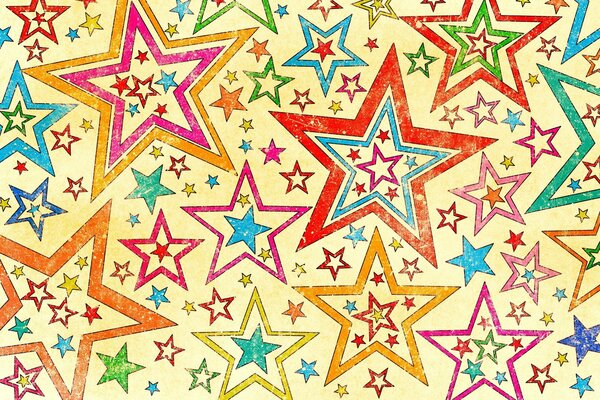 Ci sono molte stelle colorate su uno sfondo giallo