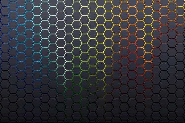 On a black background, a cellular multicolored pattern