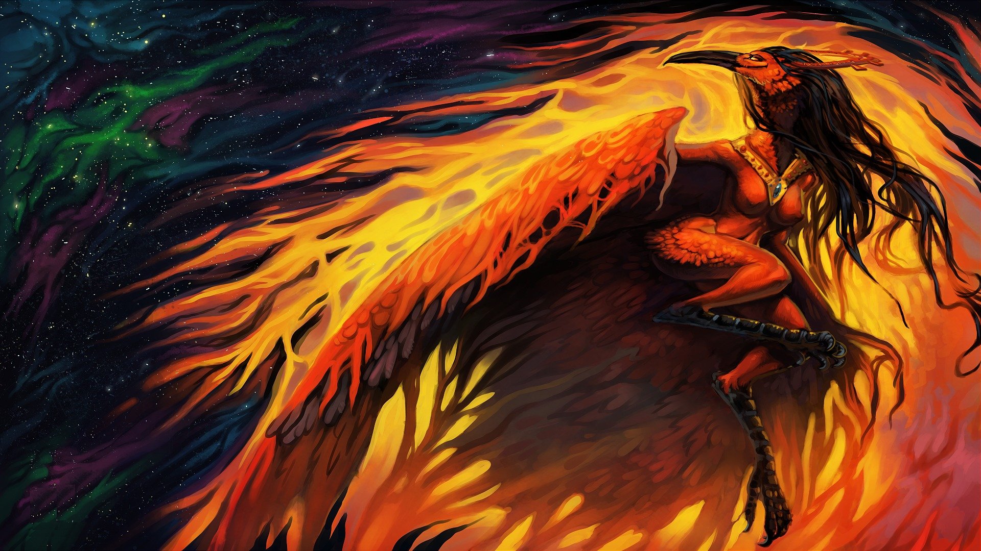 fiction art phoenix firebird beak view wings fire