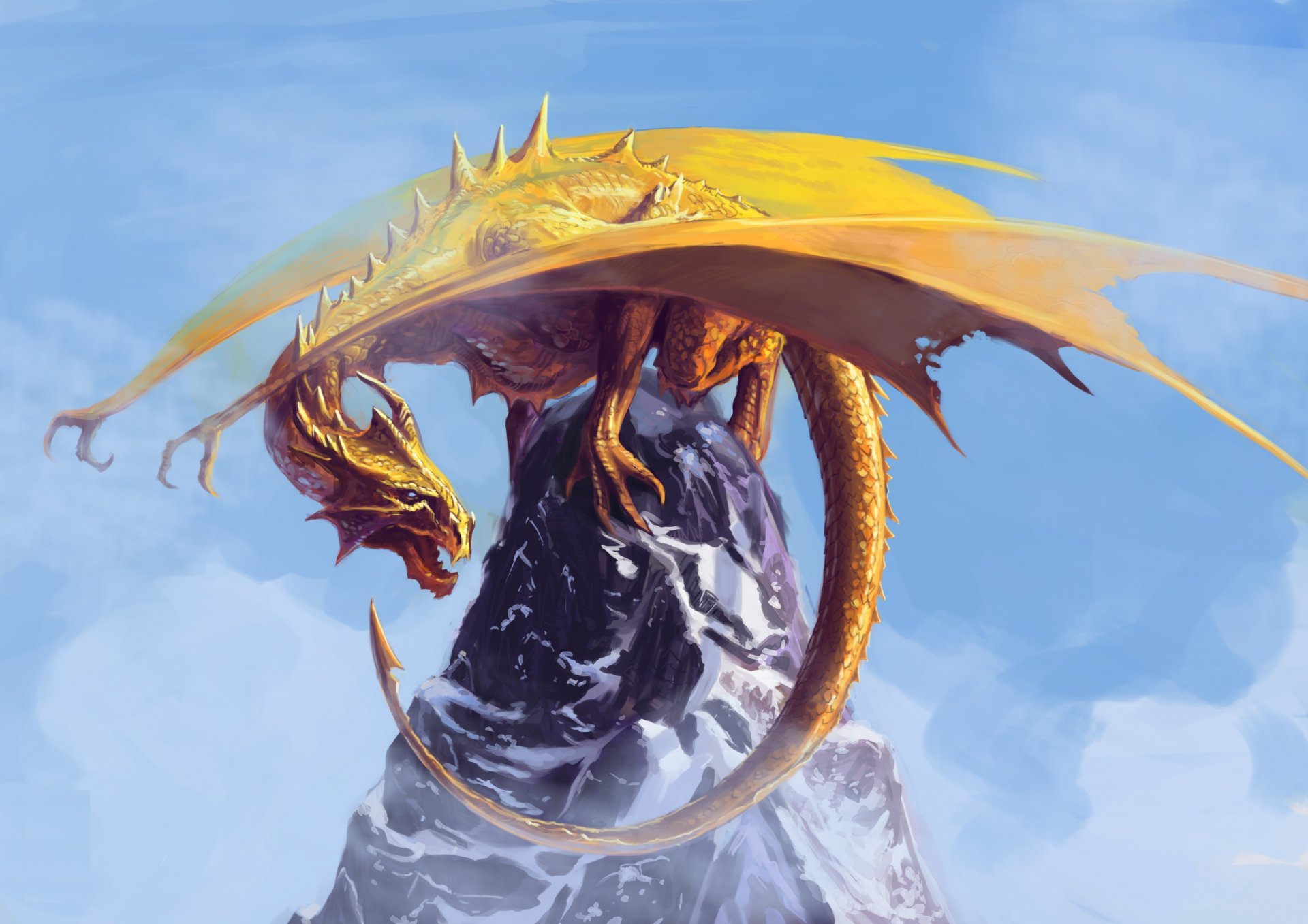 fiction art dragon jaune museau bouche ailes rocher ciel