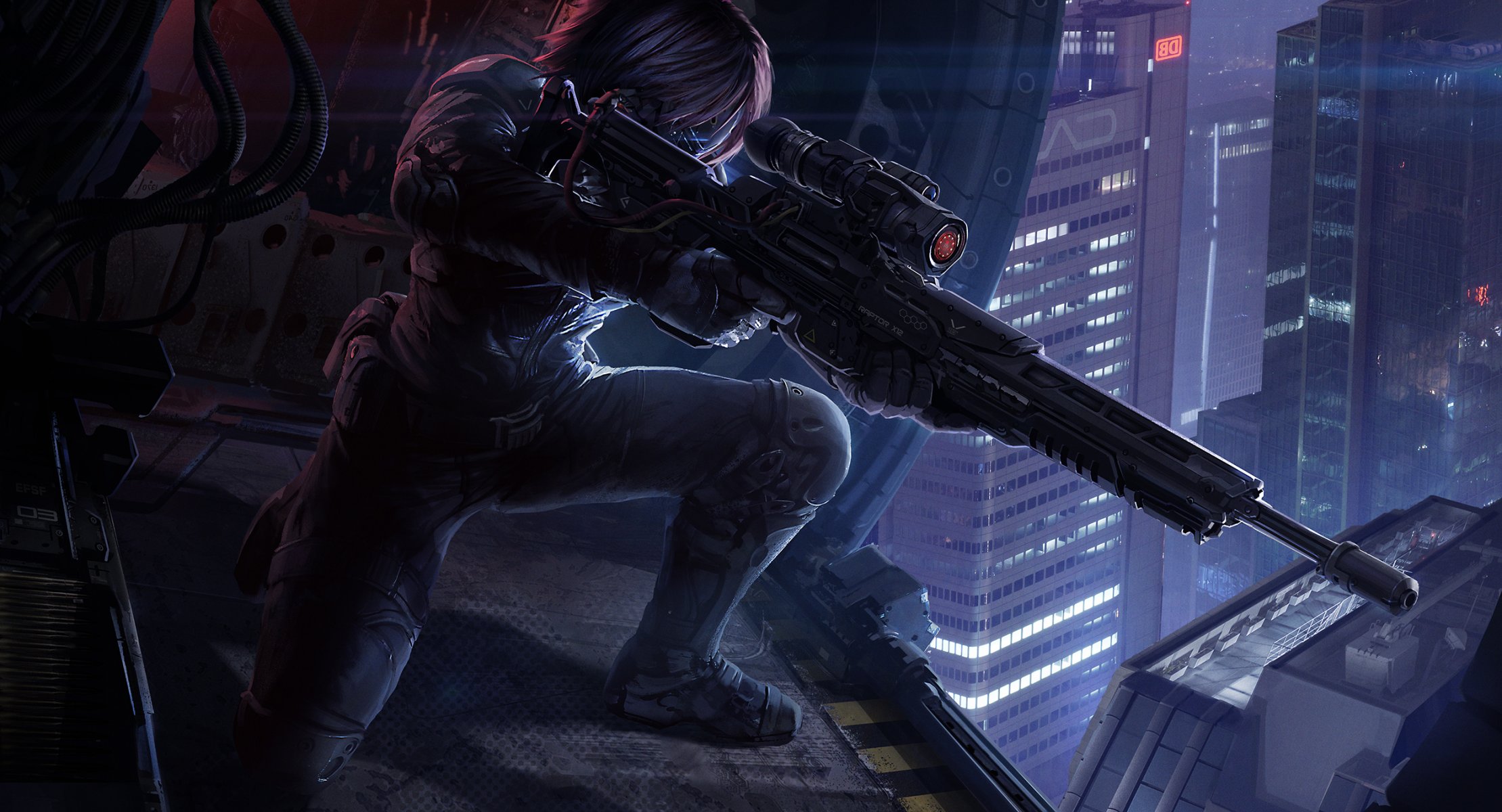 sniper cyborg hélicoptère nuit fantastique cyberpunk fusil de sniper