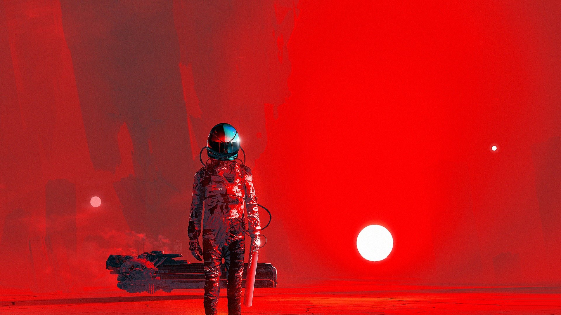 combinaison spatiale casque art fiction soleil rouge