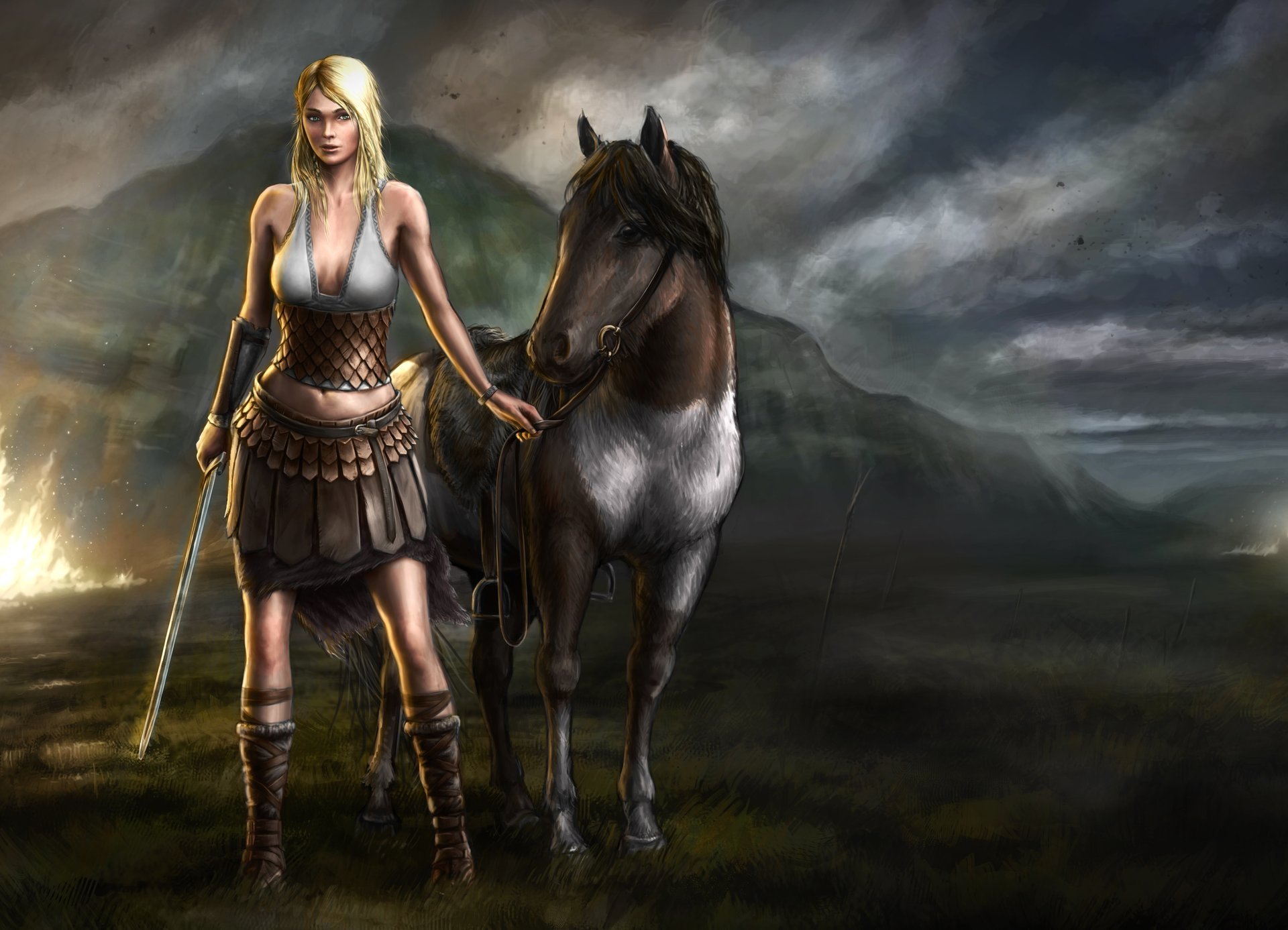 fiction art girl view sword weapon animals horse