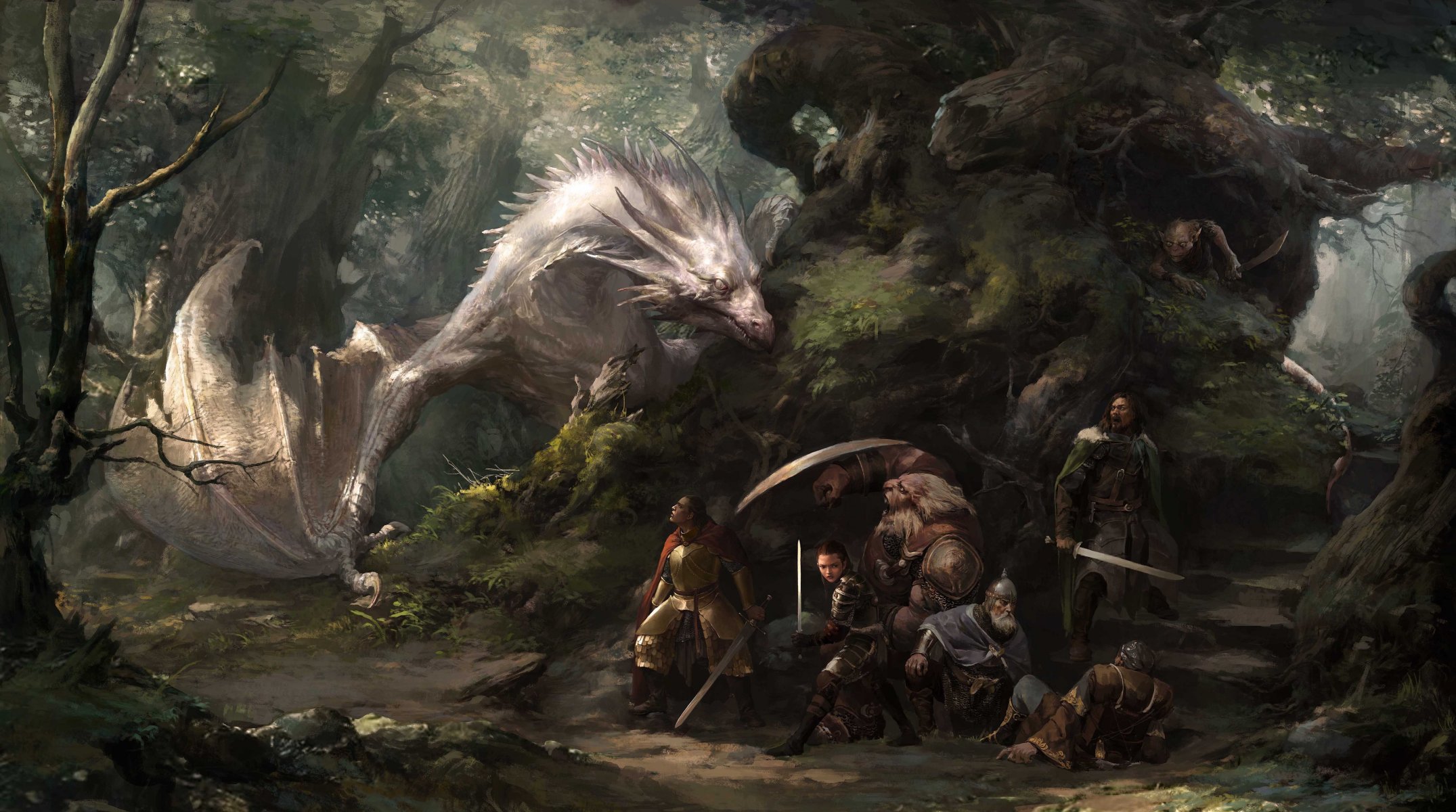 arte bosque dragón blanco viajeros armas duende escalones escudo espada