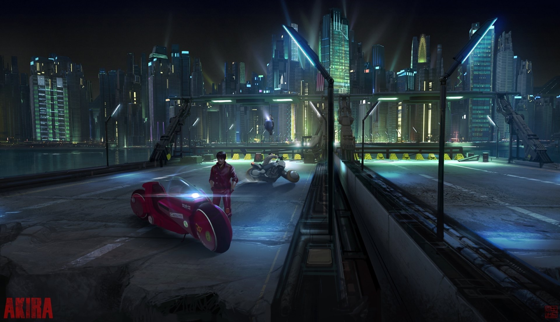 akira motocykl kaneda kaneda postapokaliptyczny cyberpunk fantastyczny kaneda rower motocykl przyszłość nowe tokio budynki drapacze chmur most autostrada ruiny latarnie