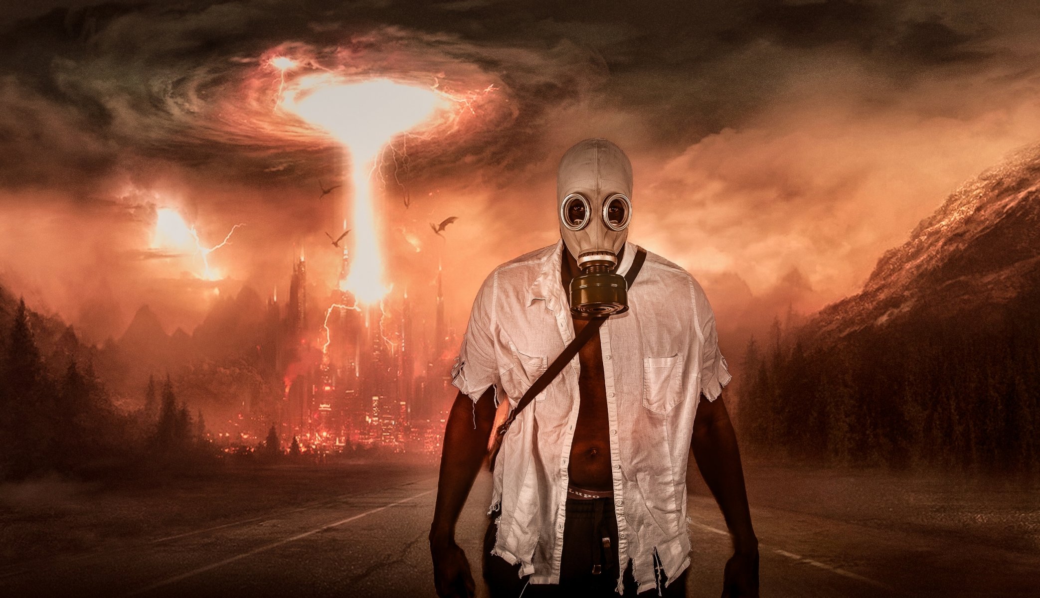 apocalypse explosion a man mask road