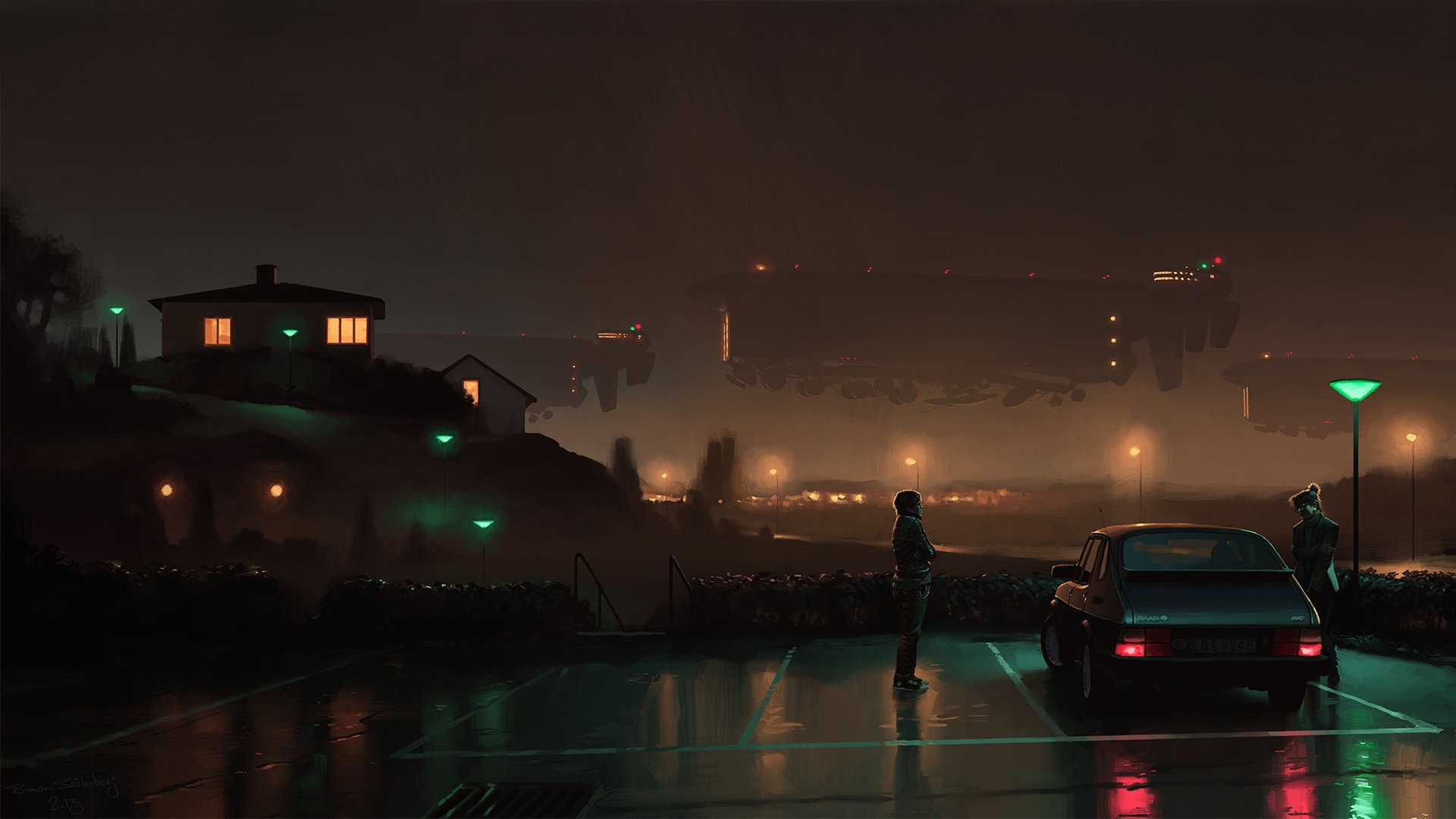 imon stålenhag simon stålenhag künstler kunst fantasie nacht lichter paar kerl mädchen auto saab 900 parkplatz haus stadtlichter luftschiffe