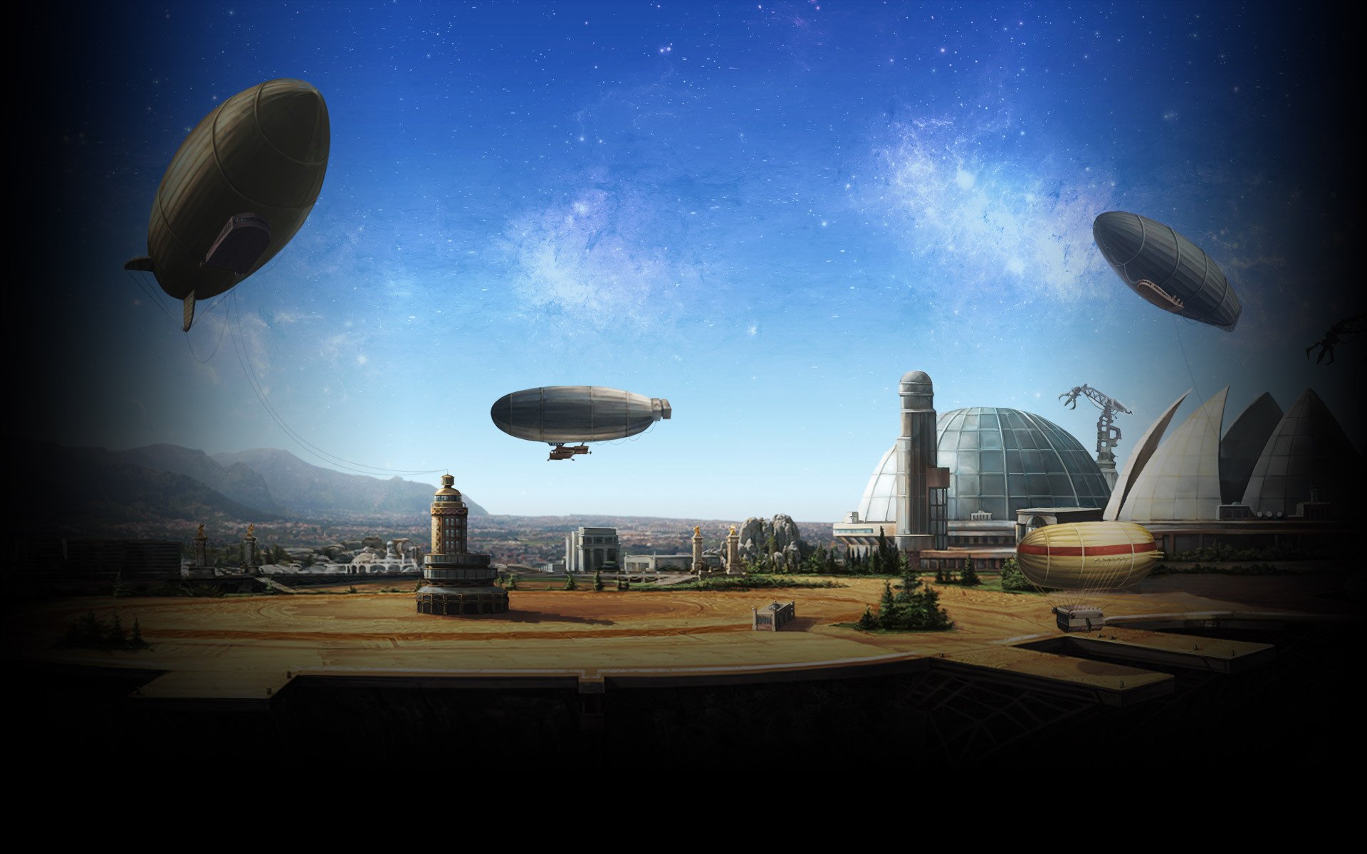 inbetween terra gioco futurismo cupola cielo città dirigibile arte