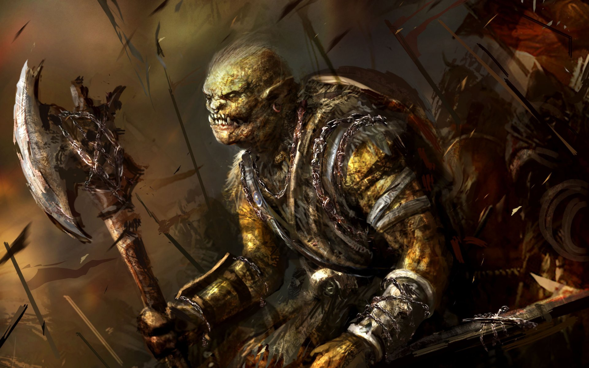 orcs warriors axe battlefield art fantasy orc weapon artwork background