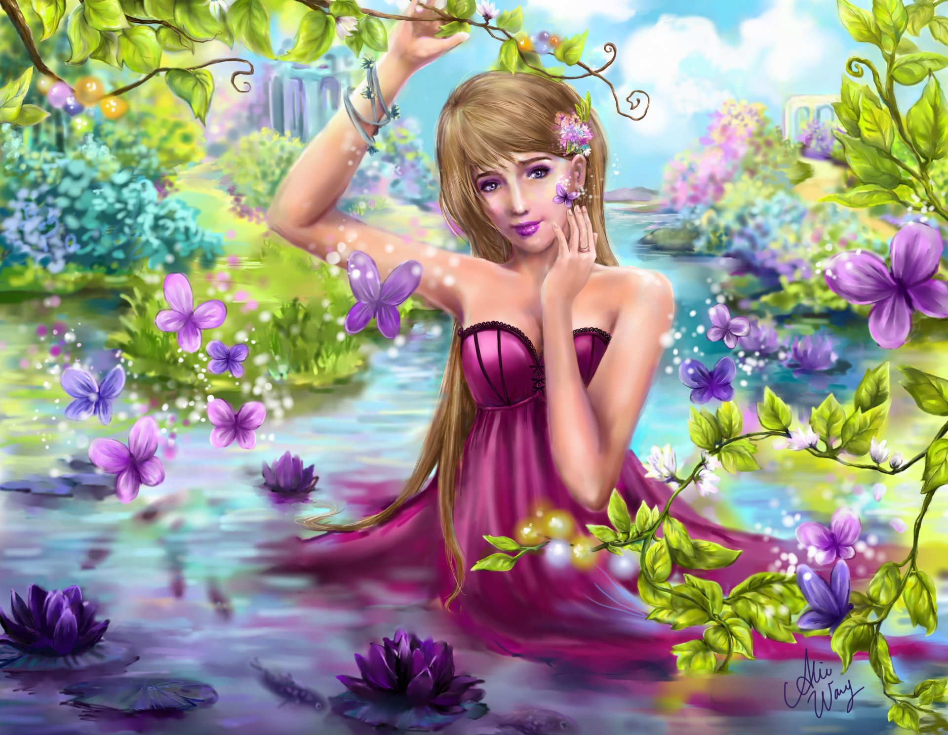 fiction art nature tree leaves summer butterfly water lilies waterfall girl dress view hand flower