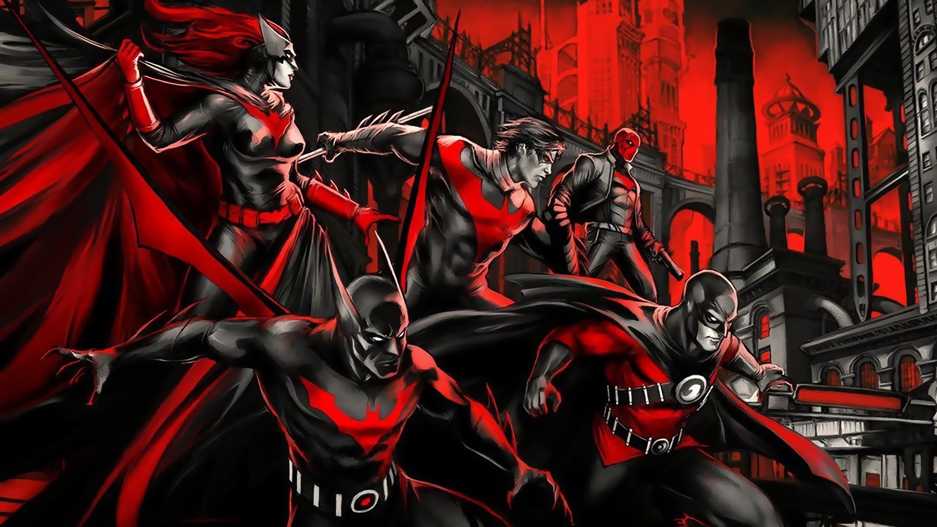 batman batwoman czerwony robin nightwing czerwony kapturek czerwone dc komiksy batman przyszłości batwoman nightwing czerwony kapturek gotham czerwony