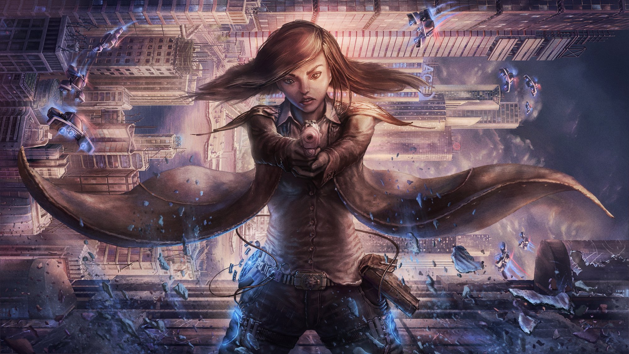 ragazza pistola città fantascienza mantello grattacieli cyberpunk antigravità