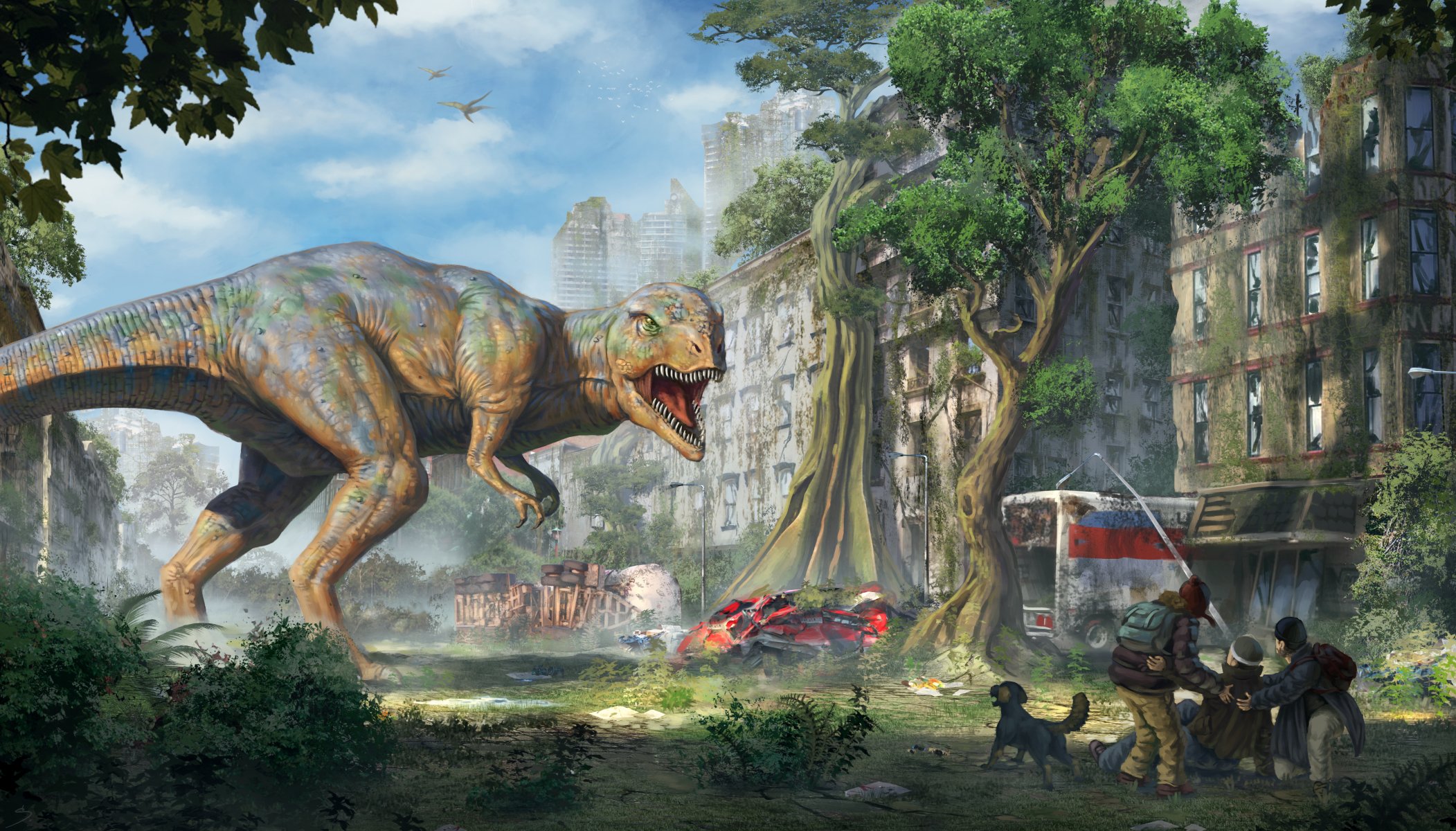 dinosaur town ruins people rex art fiction tyrannosaurus t-rex