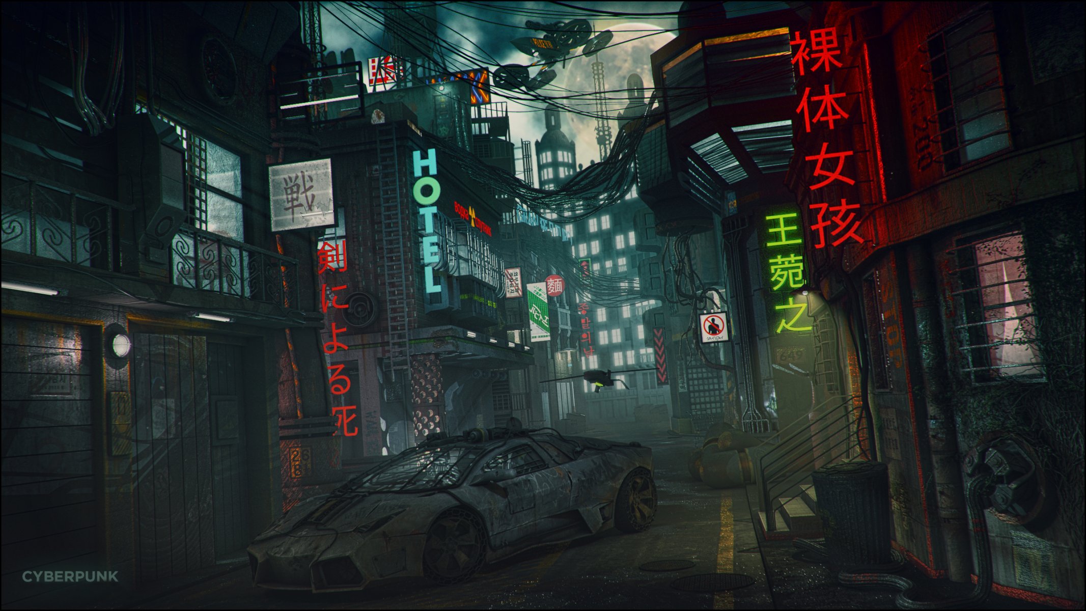 lamborghini cyberpunk stadt gasse fantasie kunst nacht mond