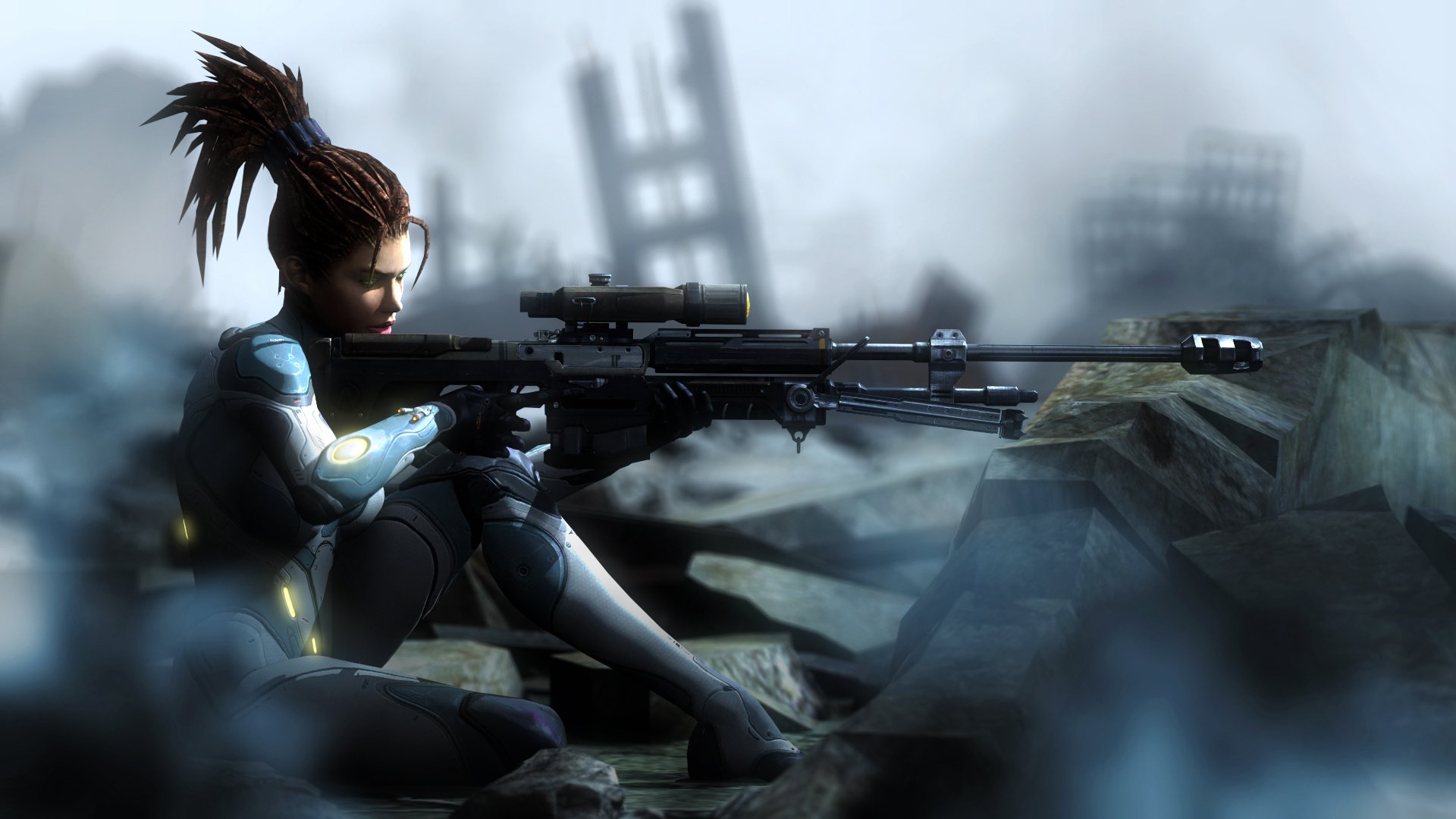 sarah kerrigan chica rifle de francotirador ruinas