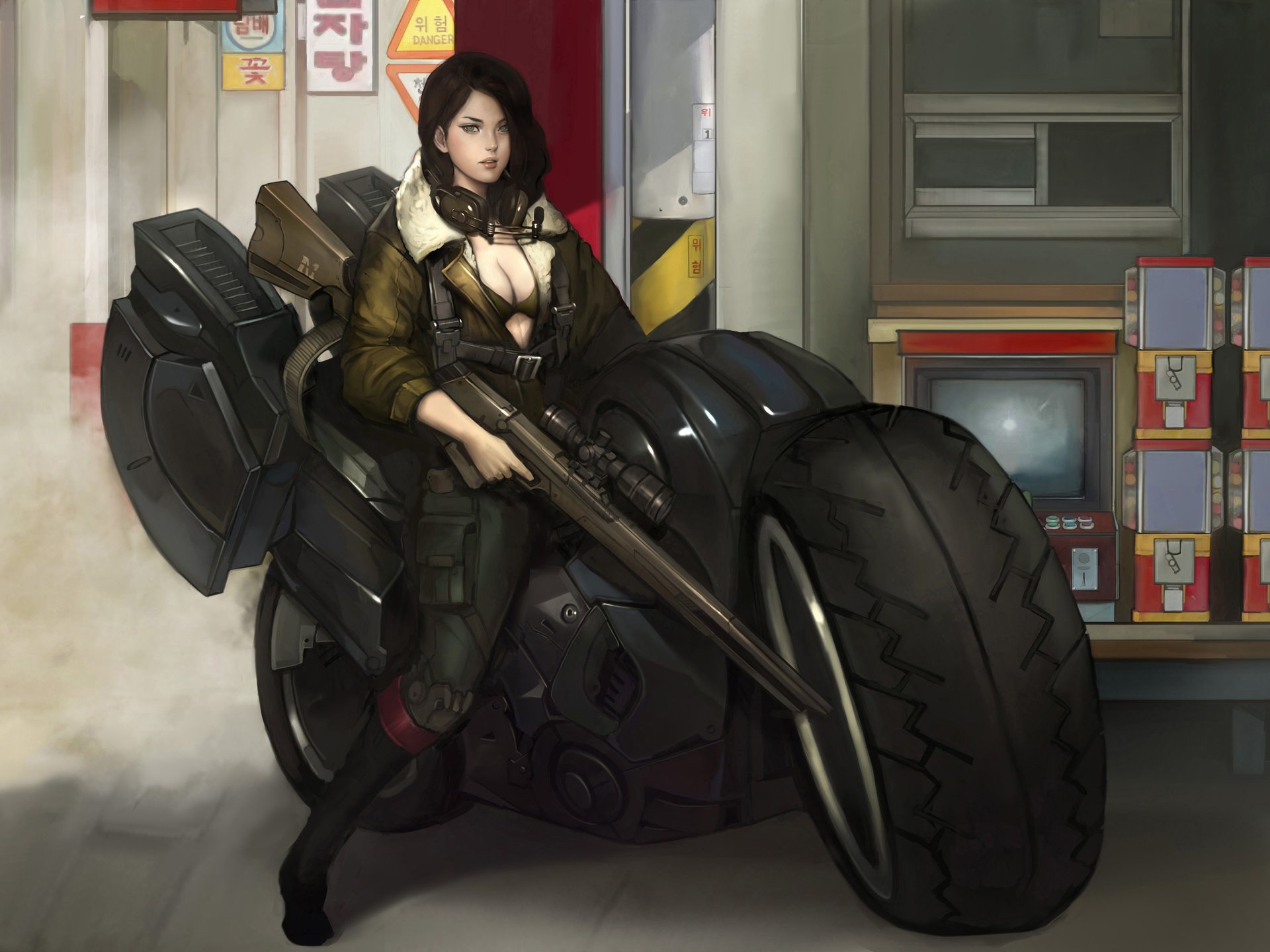 arte arte dibujo cyberpunk ciencia ficción ciencia ficción chica francotirador arma rifle motocicleta chaqueta cuero auriculares por namgwon lee