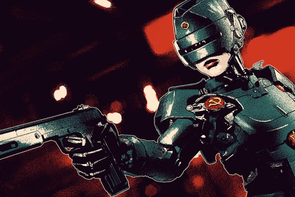 Chica Robocop con una pistola y atributos de la URSS