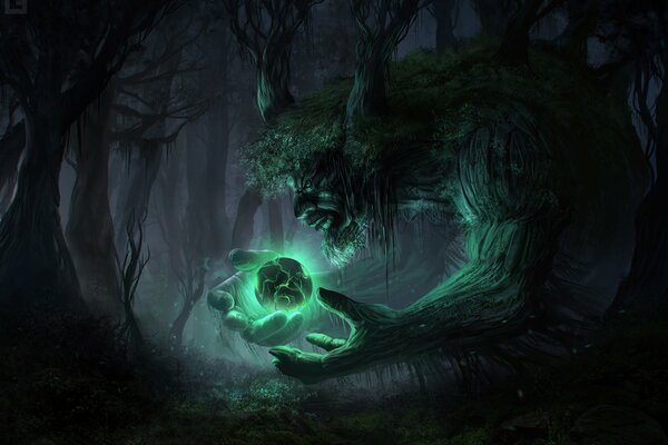 A spirit in a dark forest with a sphere in his hands