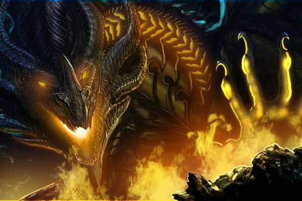 A character from science fiction a steel dragon with patterned scales and yellow eyes breathes fire