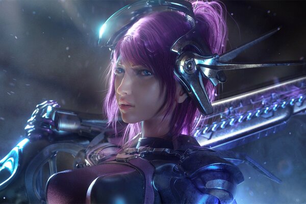 Cyborg girl with big breasts and pink hair looking forward