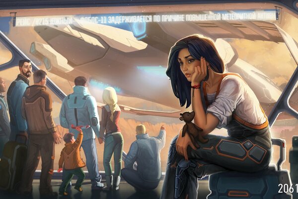 Fantasy art of the railway station of the future - people are looking at the plane and a girl with a bear in her hands is sitting on a suitcase