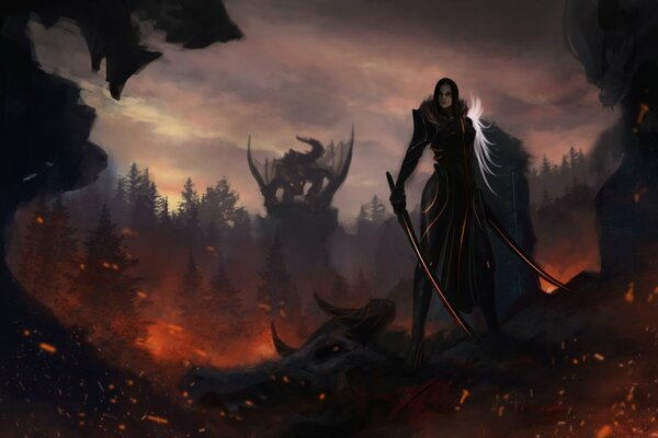 Chica y su dragón en un bosque oscuro y frío