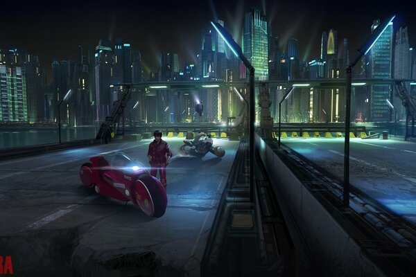 A guy on a motorcycle against the background of a night city