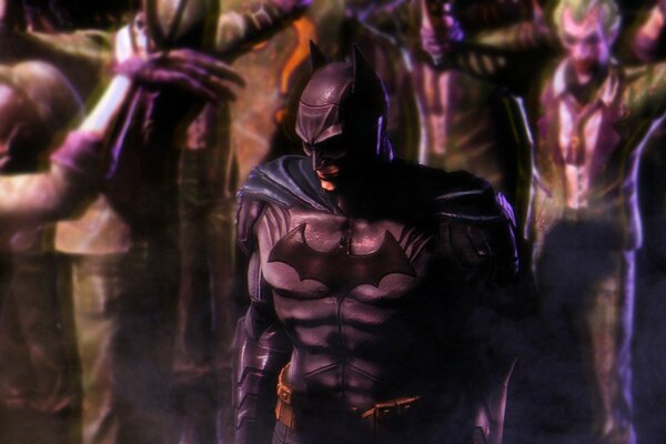 Batman standing among the many jokers