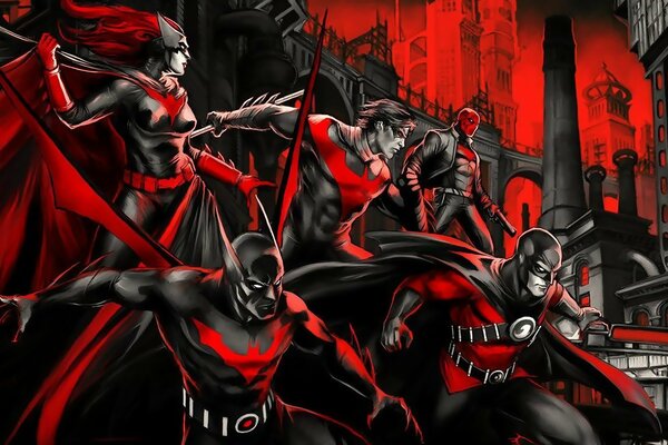 Batman, Robin rosso, Batwoman, Nightwing
