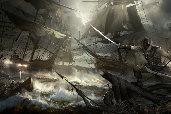 Sea pirate ship battle in a storm