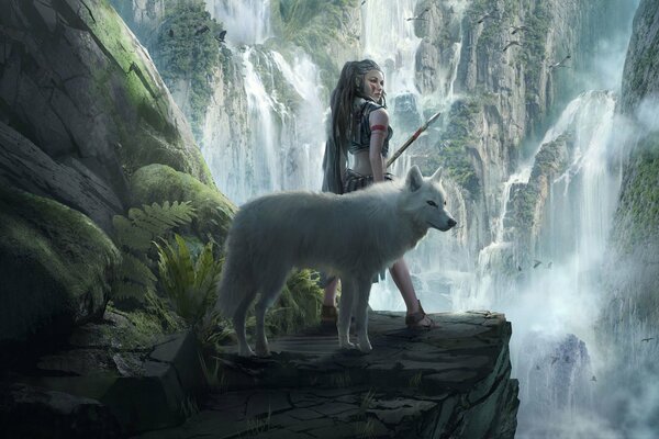 Mädchen mit einem Wolf am Rande eines Wasserfalls