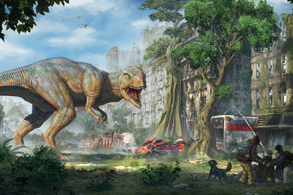 Динозавр гуляет среди людей на просторах города