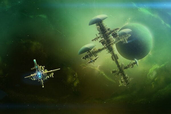 Dans l espace étoilé vert trouble, le vaisseau passe devant la station spatiale et la planète