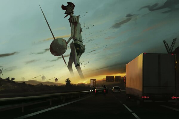 Un gigante con una lanza camina a lo largo del horizonte