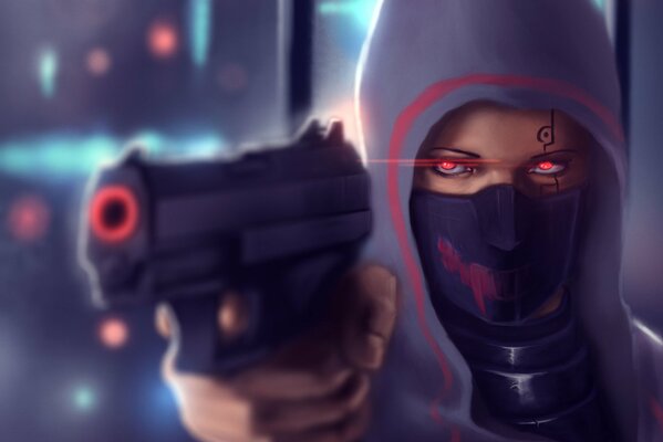 A girl with a gun and red eyes