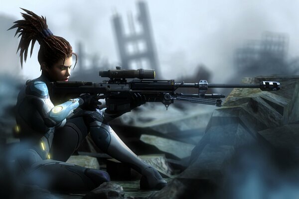 Una chica dispara un rifle entre las ruinas de la ciudad
