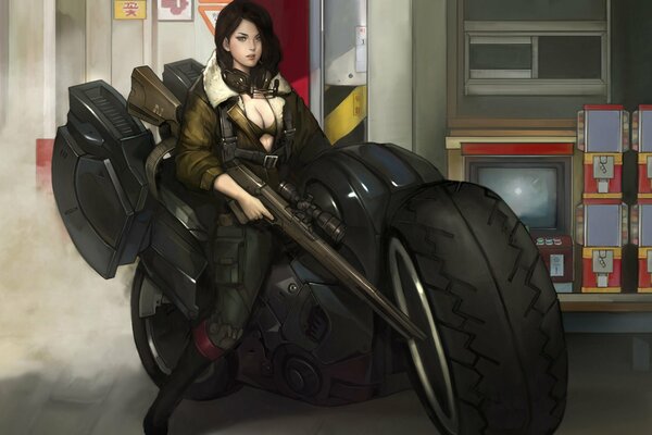 A girl on a motorcycle near the store