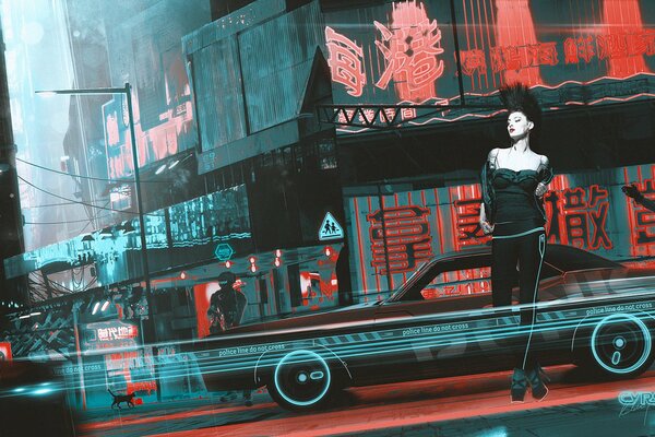 The girl at the car. Cyberpunk art. Fantasy