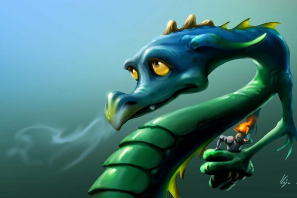 Cute face of a green dragon with fire behind its back