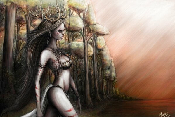 Dryad on the background of the forest drawing