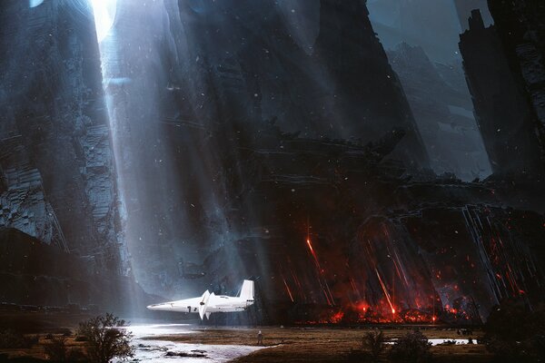 A spaceship among rocks and light