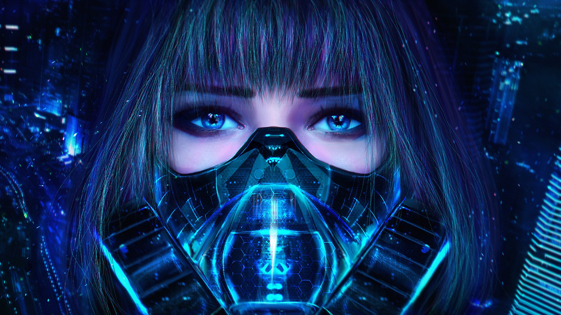 chica máscara respirador ojos mirada arte cyberpunk