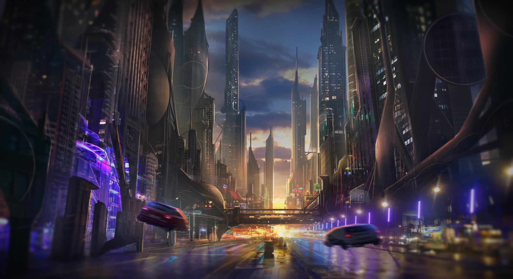 futuro fantascienza città grattacieli metropoli arte tramonto sera strada automobili