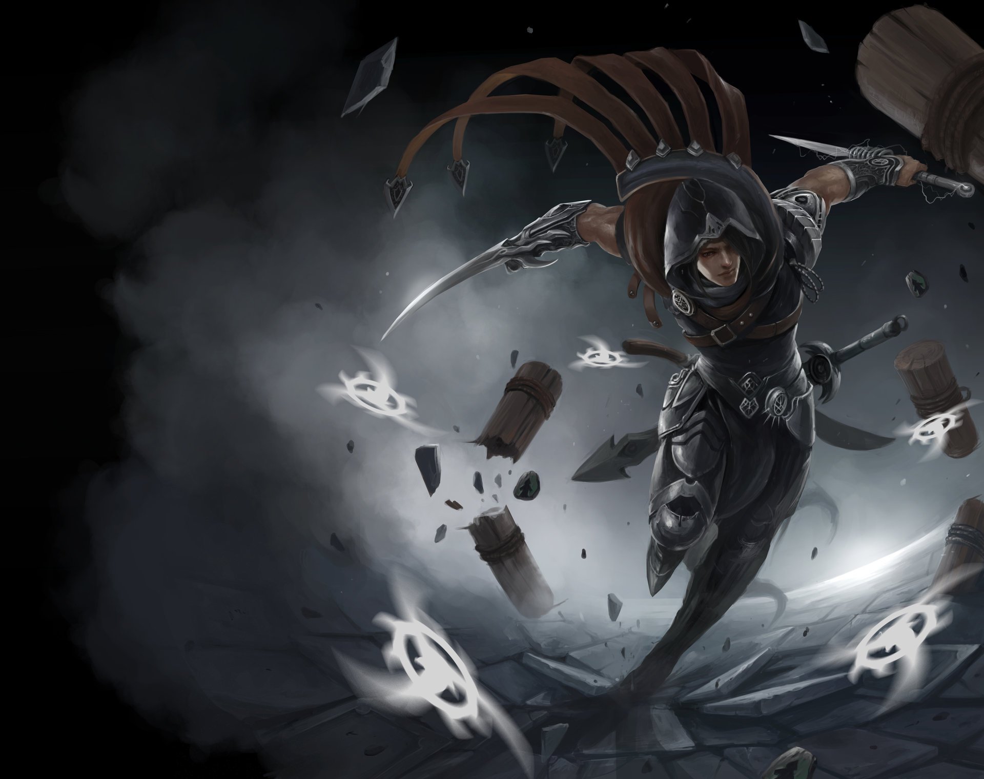 arte league of legends talon fidanzato movimento corsa pugnali cappuccio