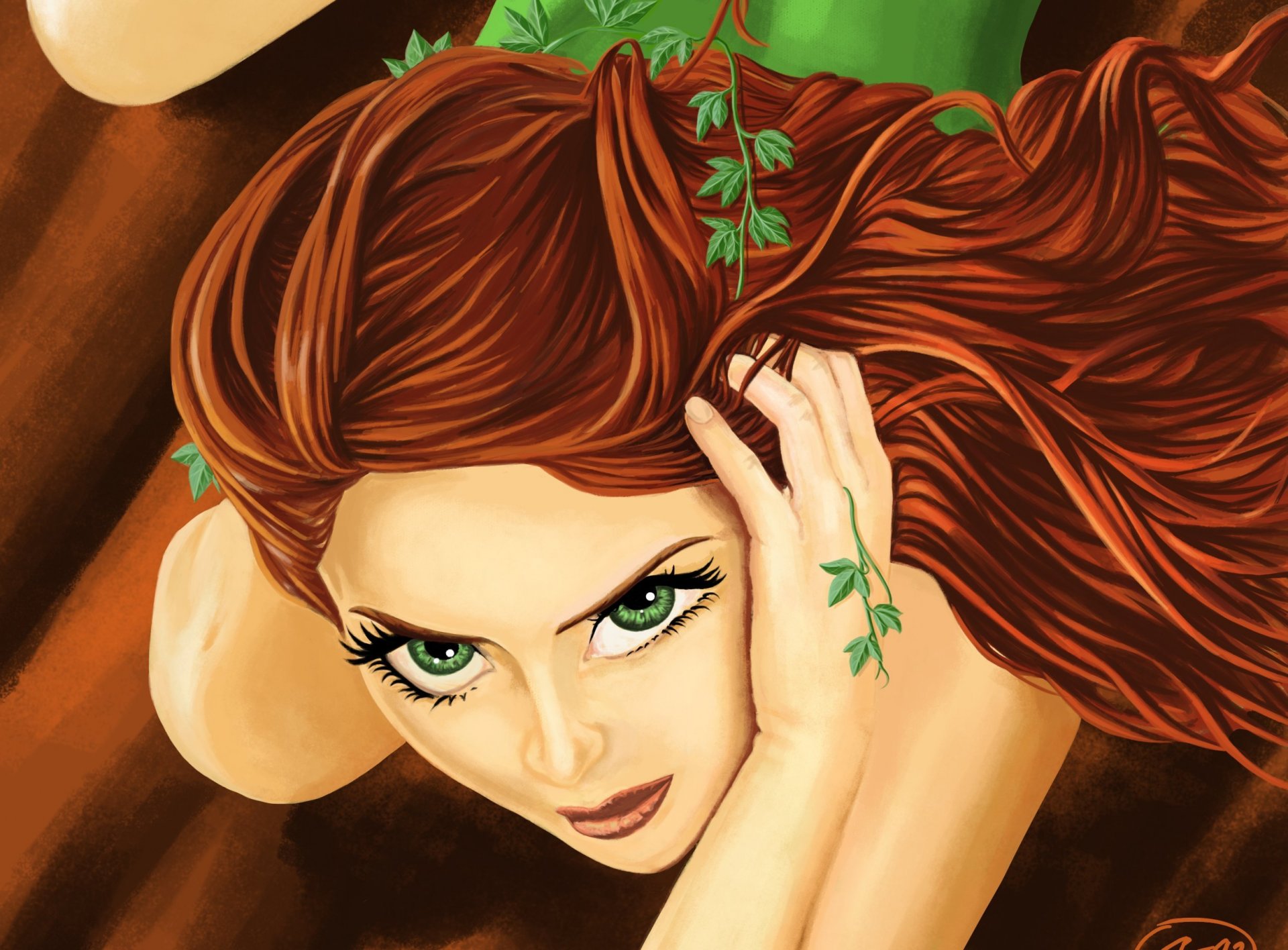 sumac vénéneux dc comics poison pamela lilian aisley pamela lilian aisley art visage yeux verts regard cheveux mains plantes